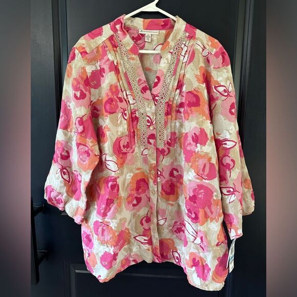 NWT JM Collection Tan & Pink 100% Linen Floral V-Neck Blouse Top Shirt Size 20W - Picture 1 of 6